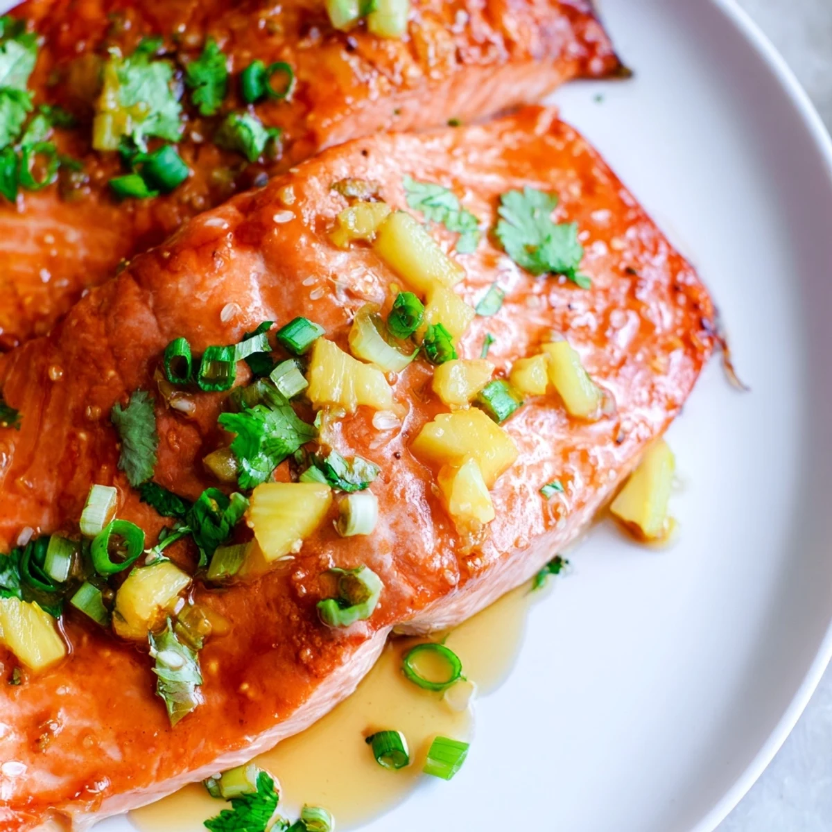 Four tender Pineapple Glazed Salmon Fillets rest on a baking sheet, brushed with a sticky golden glaze and topped with fresh cilantro and scallions.