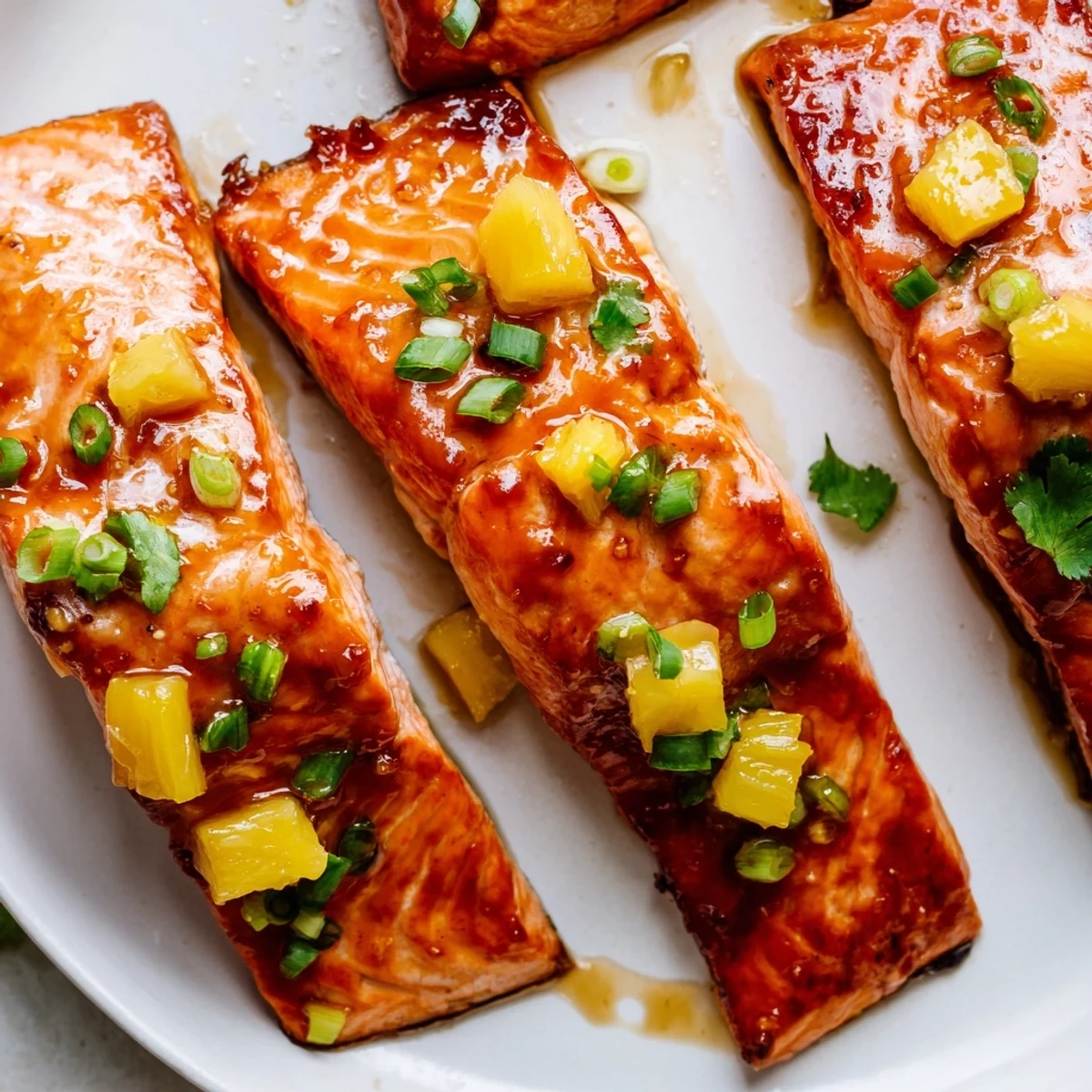 A close-up view of Pineapple Glazed Salmon Fillets shows flaky orange fish coated in thick, glossy sauce, paired with steamed jasmine rice and diced pineapple.
