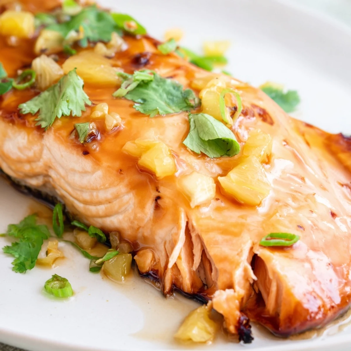 Freshly baked Pineapple Glazed Salmon Fillets displayed on a ceramic plate, garnished with green onions and pineapple chunks, ready for a family dinner.