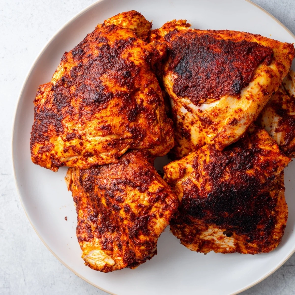 Juicy Cajun Spiced Grilled Chicken Thighs served beside a colorful salad on a rustic plate.