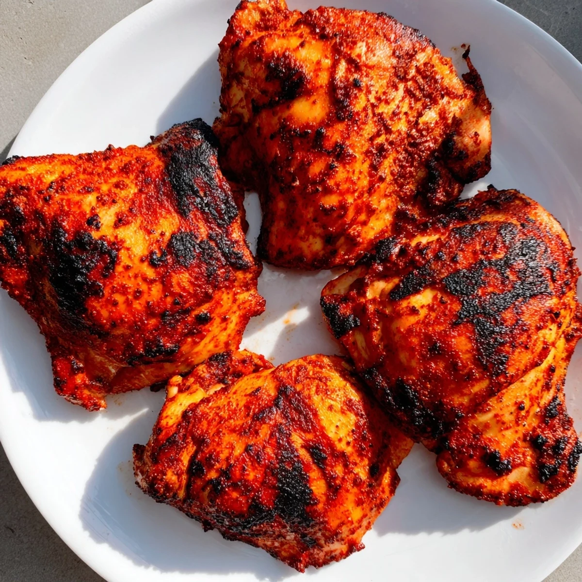 Close-up view of Cajun Spiced Grilled Chicken Thighs revealing tender meat and bold spices.