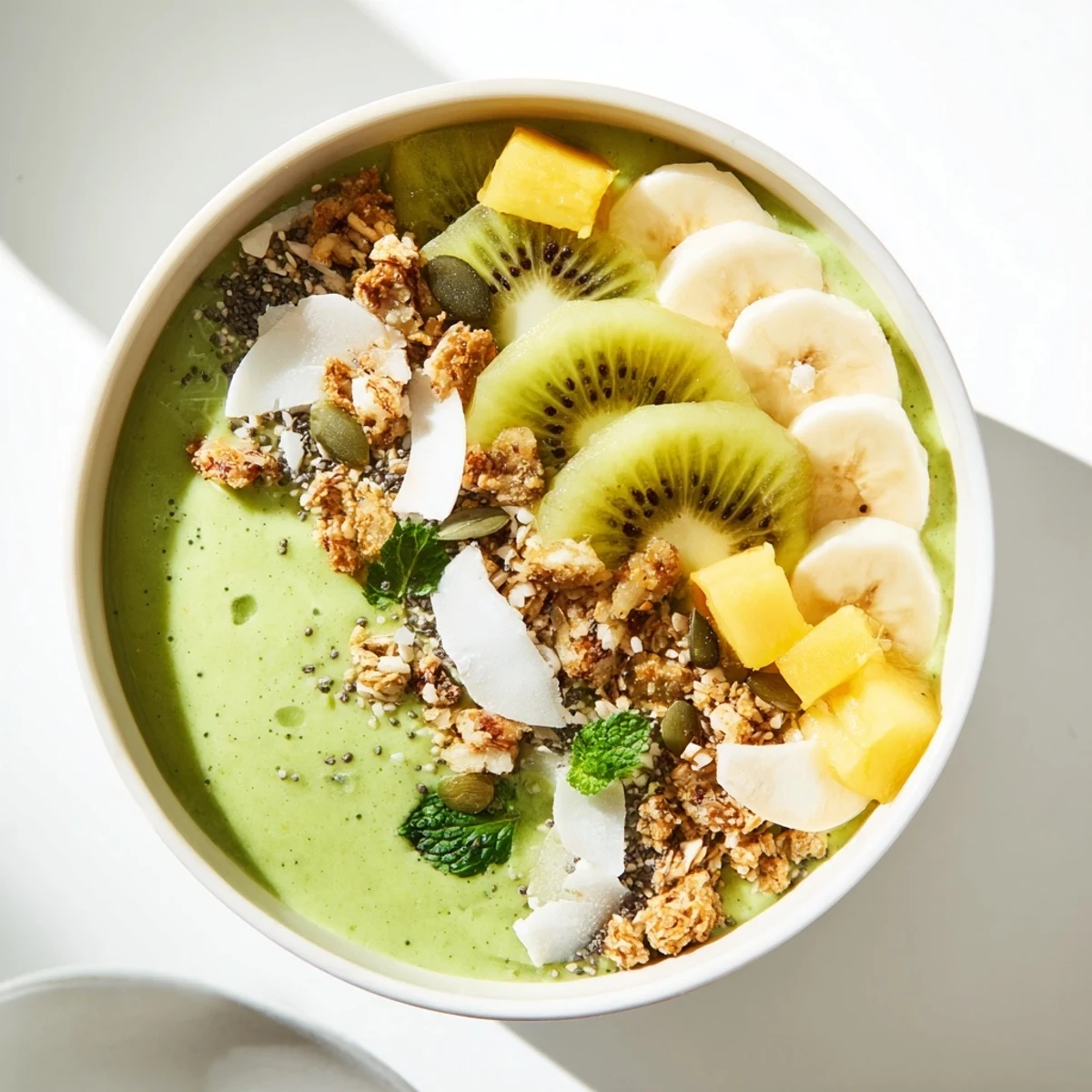 Vibrant green Shamrock Green Smoothie Bowl topped with fresh kiwi slices and banana coins, sprinkled with granola and coconut flakes.
