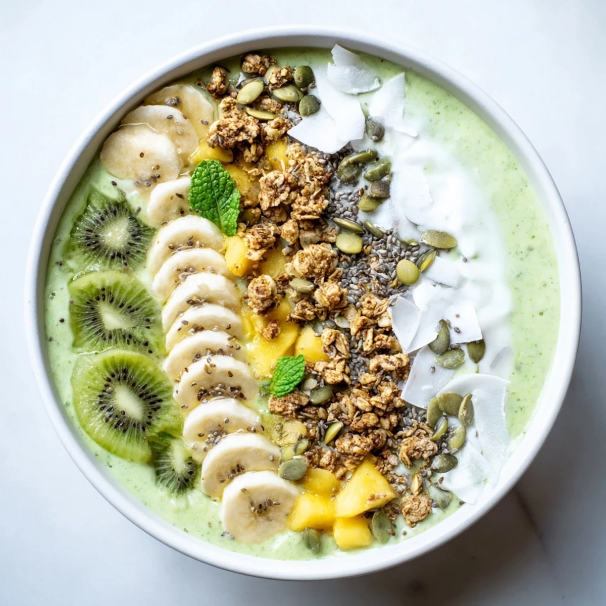 Two servings of creamy Shamrock Green Smoothie Bowl featuring spinach, mango, and pineapple, garnished with pumpkin seeds and mint leaves.