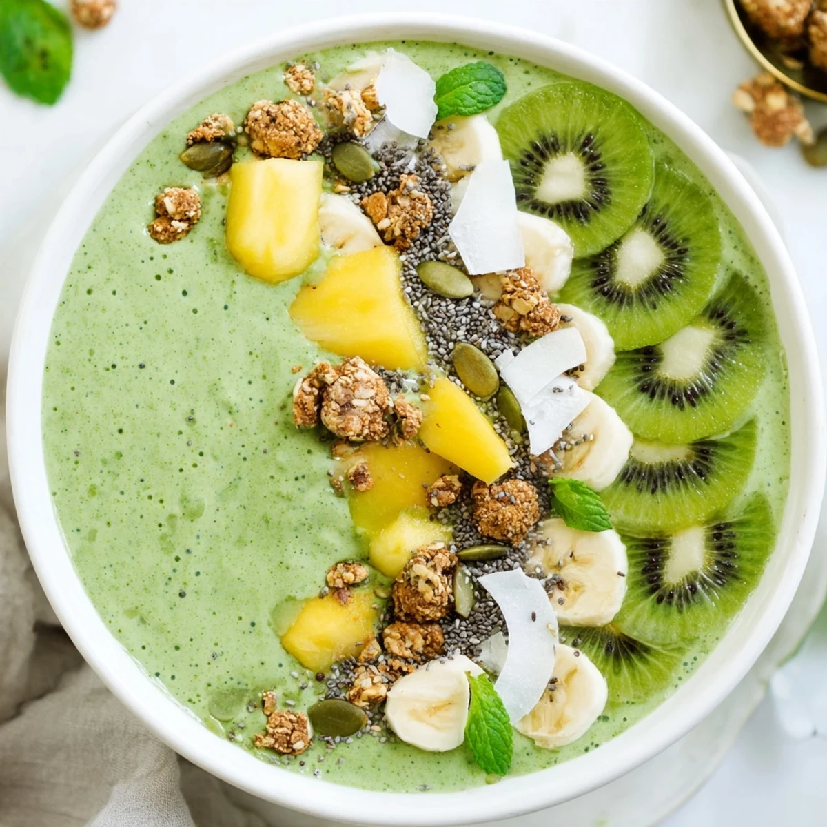 Refreshing Shamrock Green Smoothie Bowl in a white bowl with almond milk base, offering tropical flavors and crunchy granola toppings.