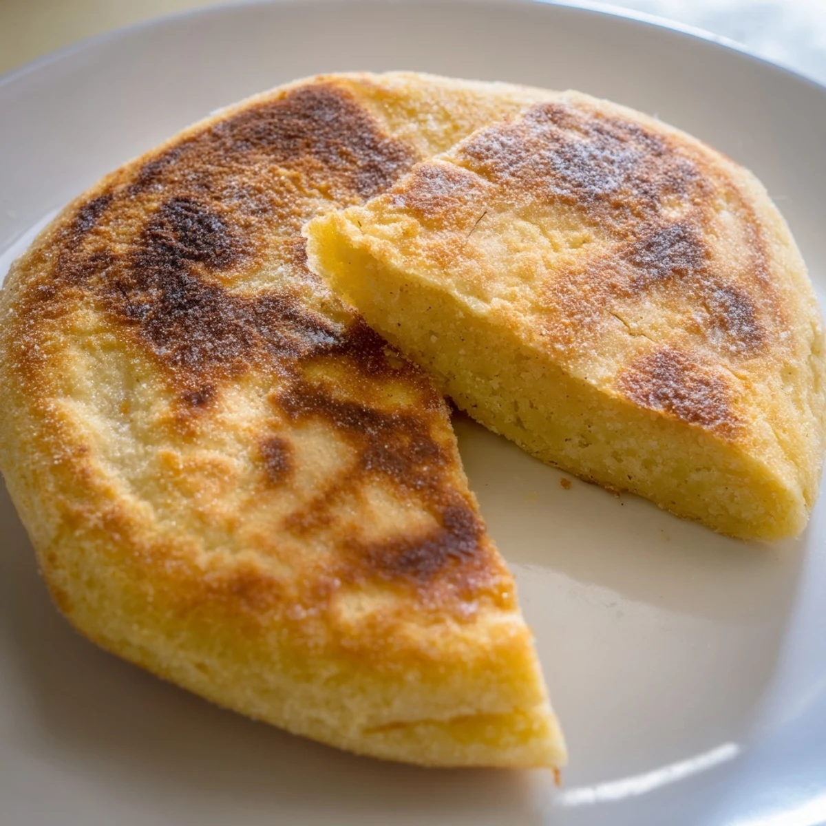 Soft, fluffy Irish Potato Bread Farls stacked on a rustic wooden board beside steaming eggs.