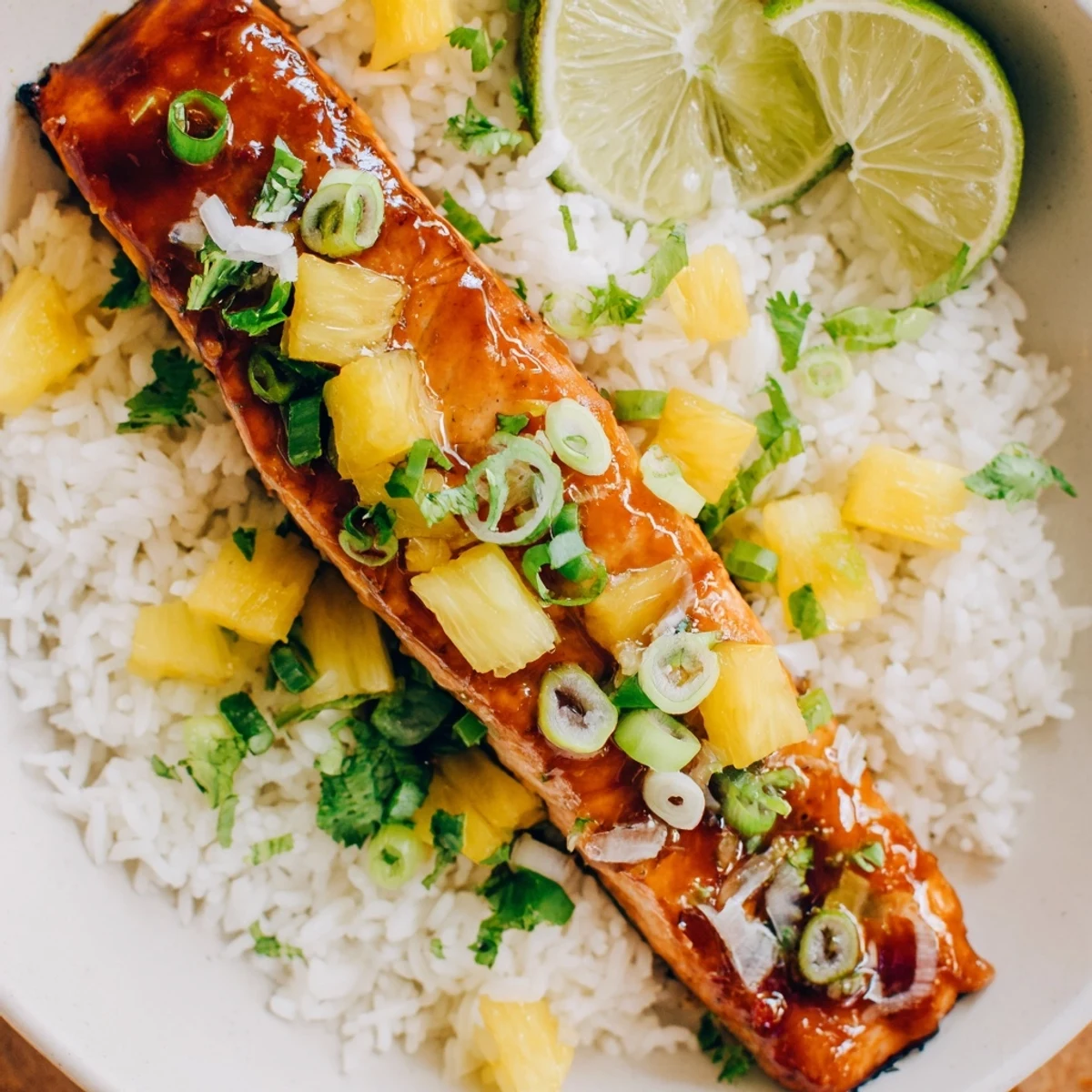 Golden-brown Pineapple Glazed Salmon Fillets with Rice sizzle under a broiler, glistening with sticky glaze atop fluffy white grains.