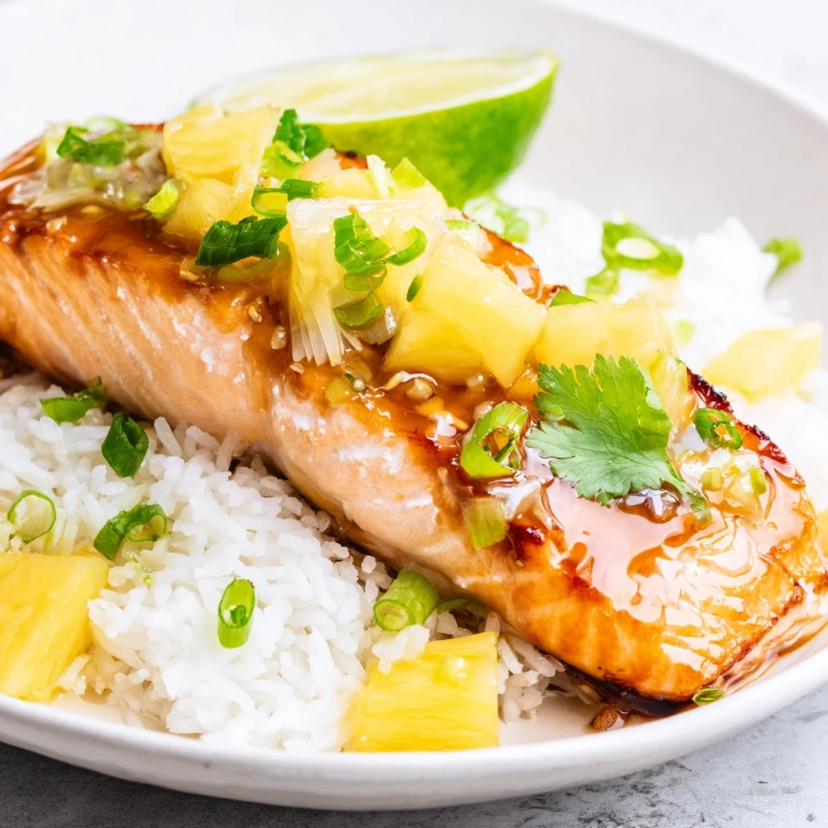 Tender Pineapple Glazed Salmon Fillets with Rice are plated on a white dish, garnished with green onions and fresh cilantro.