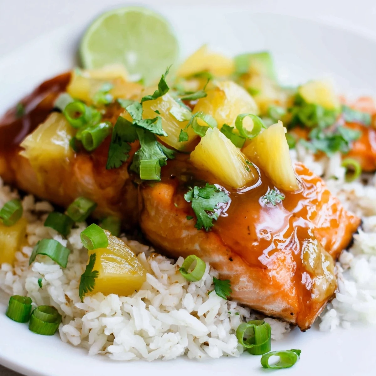 Succulent Pineapple Glazed Salmon Fillets with Rice sit on a bamboo mat, showing flaky texture and tropical pineapple chunks beside lime wedges.