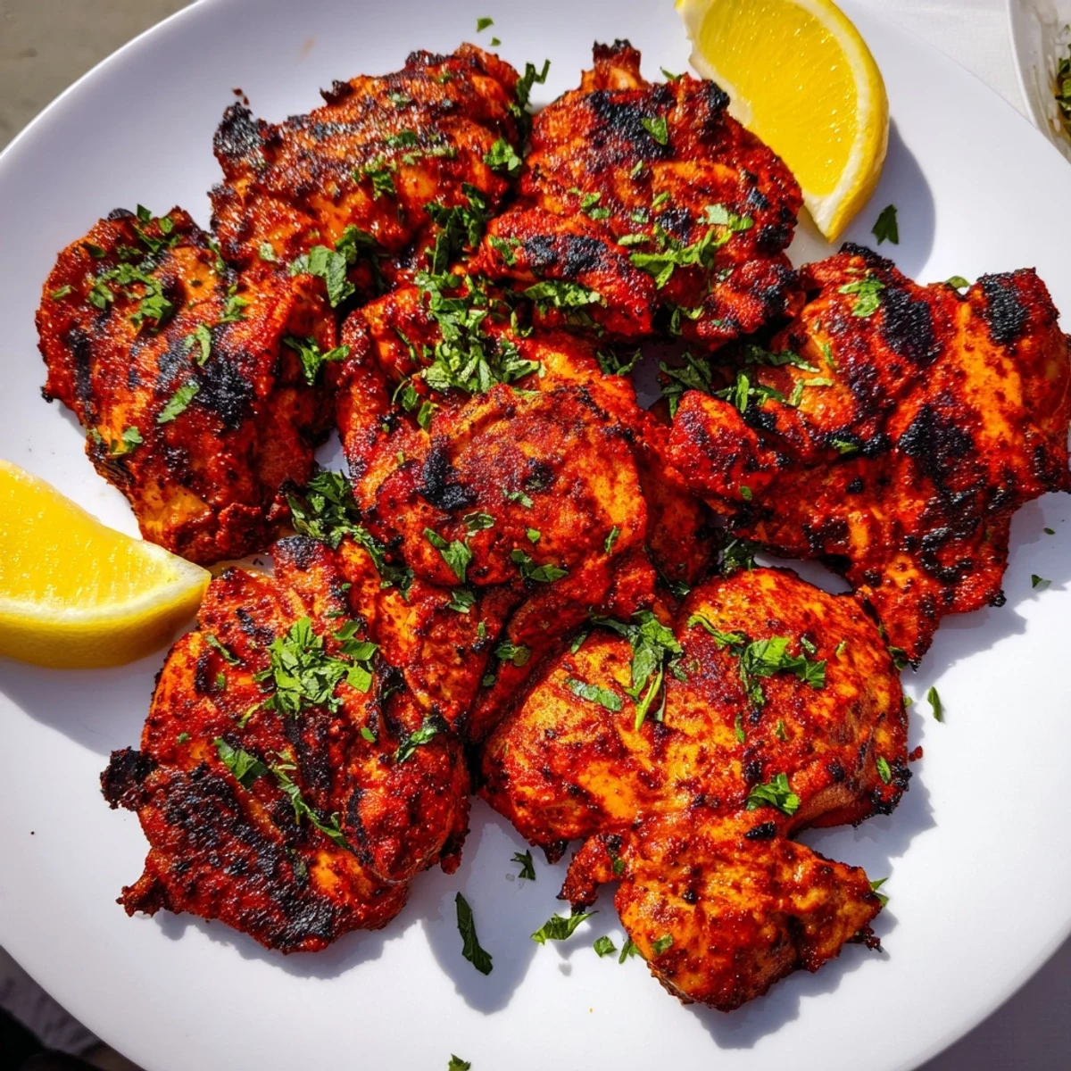 Golden-brown Cajun Spiced Grilled Chicken Thighs resting on a platter with fresh lemon wedges and parsley.
