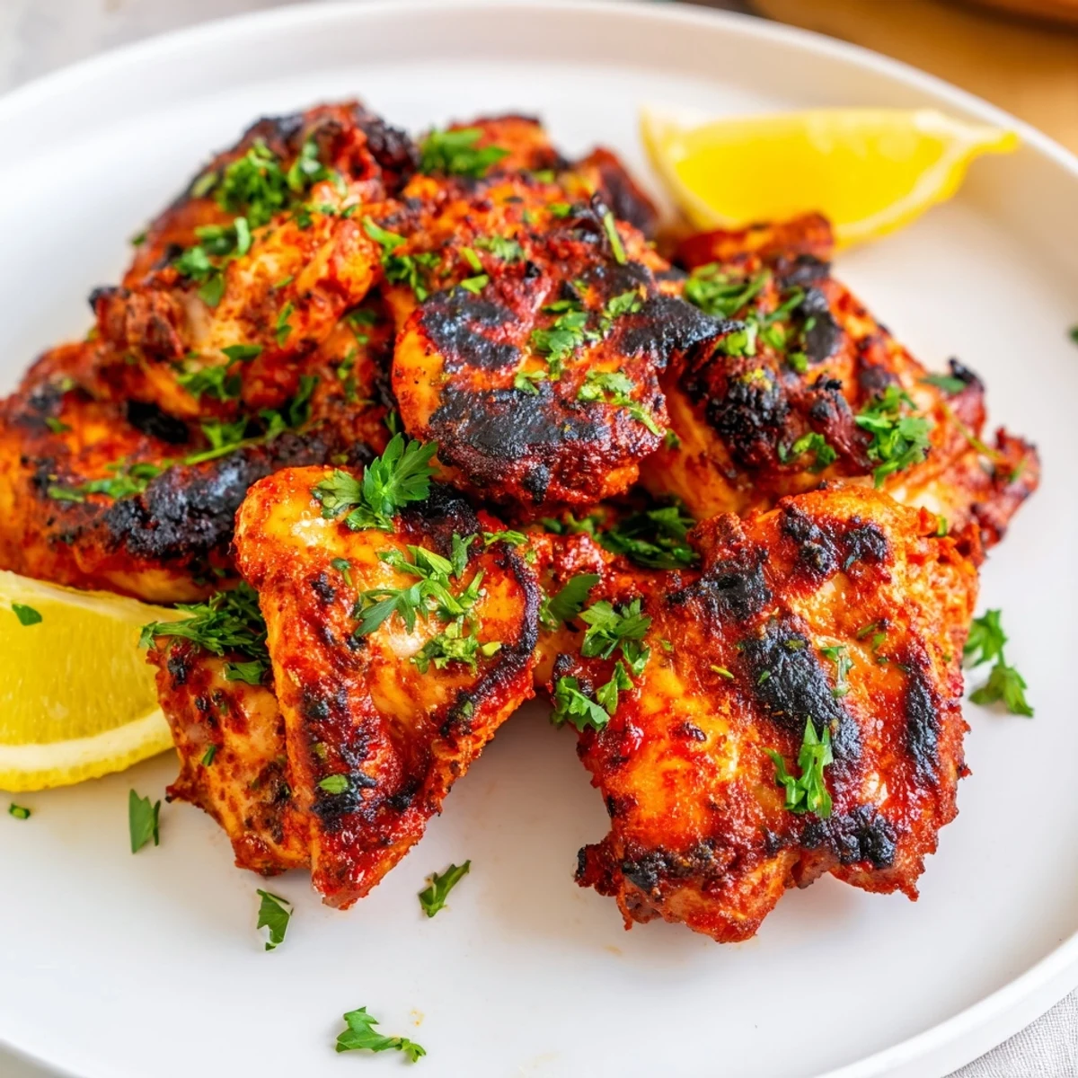 Sizzling Cajun Spiced Grilled Chicken Thighs fresh off the grill, displaying a smoky, charred texture and vibrant spices.