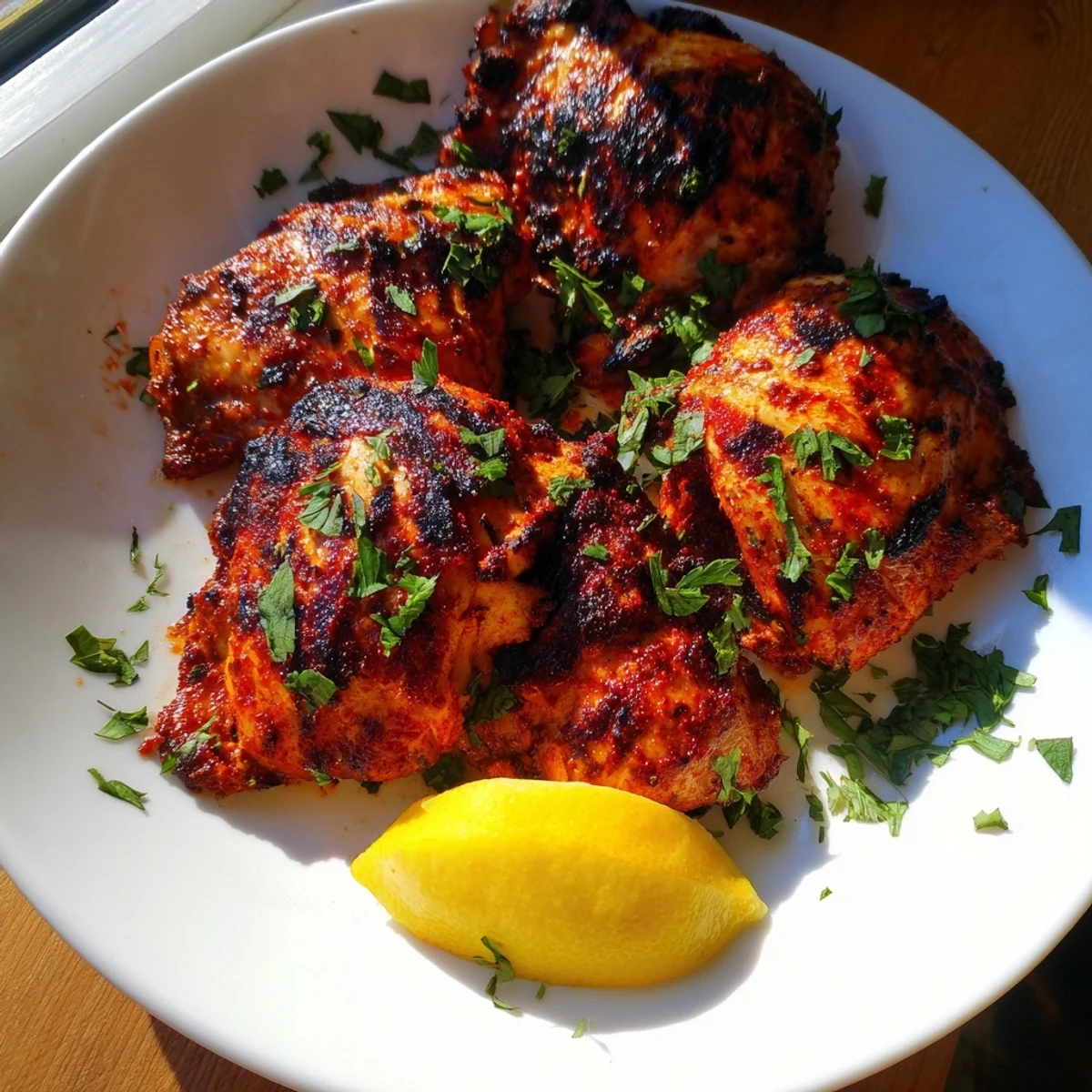 A close-up of Cajun Spiced Grilled Chicken Thighs showing juicy meat with a rich, deep red marinade glaze.
