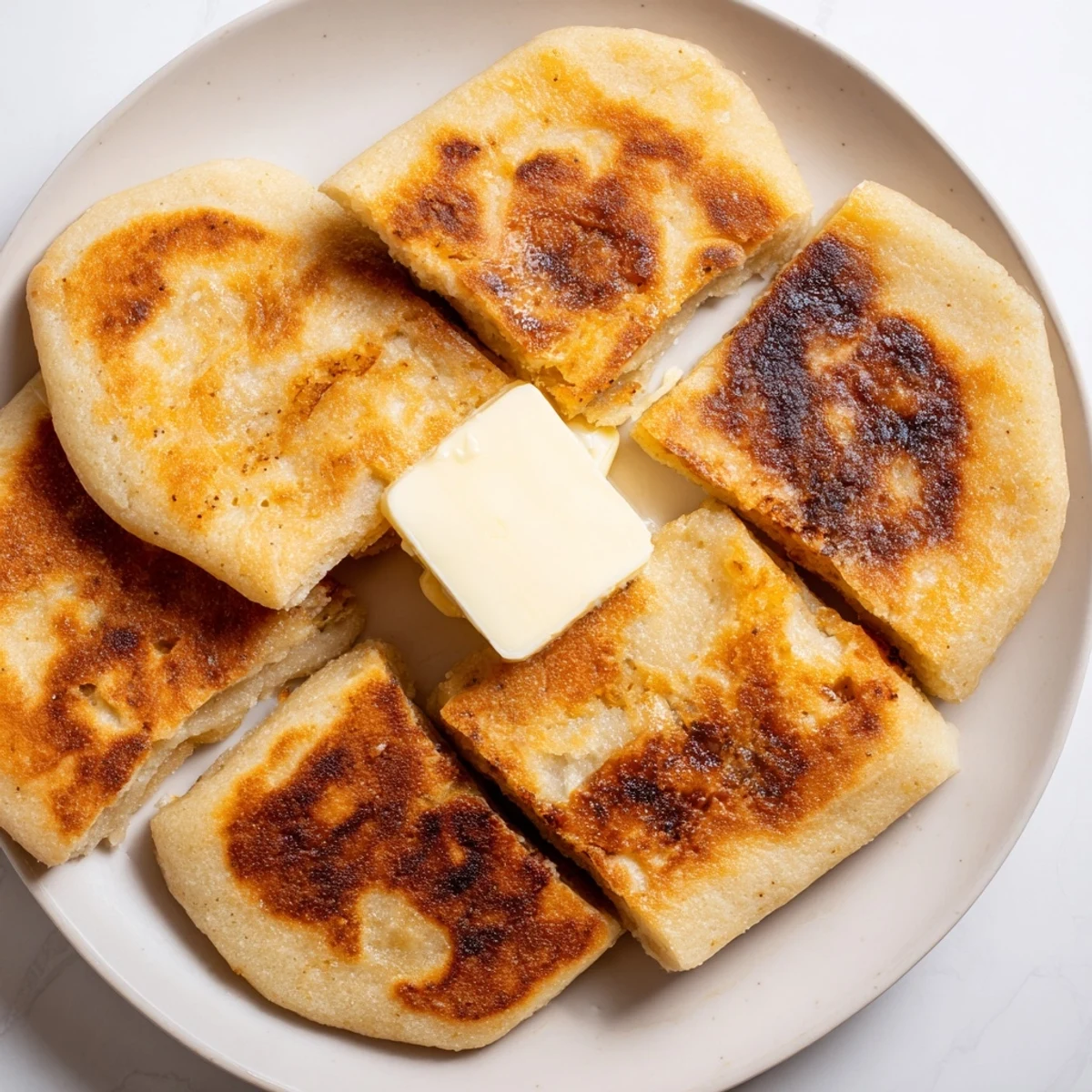 Warm Irish Potato Bread Farls with Salted Butter are served alongside a poached egg on a rustic plate.