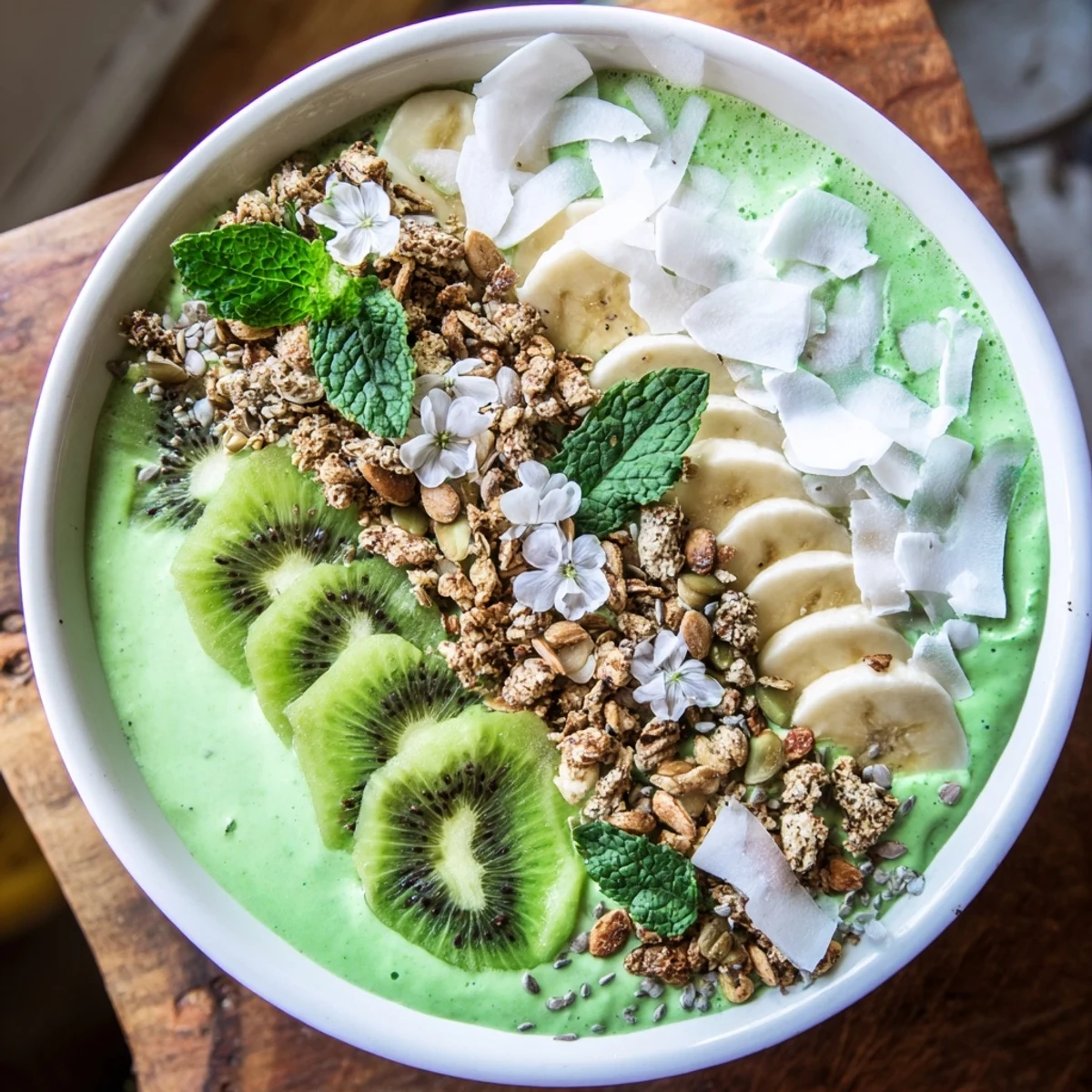 Vibrant green Shamrock Green Smoothie Bowl with sliced kiwi and banana slices on top.