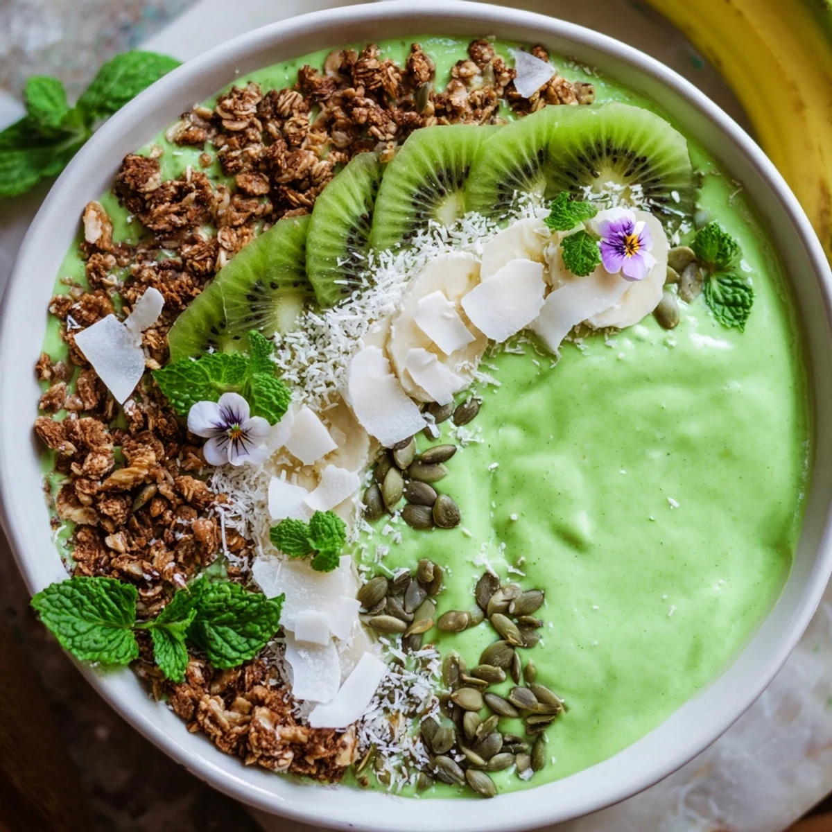 Refreshing Shamrock Green Smoothie Bowl served in a white bowl with edible flowers.