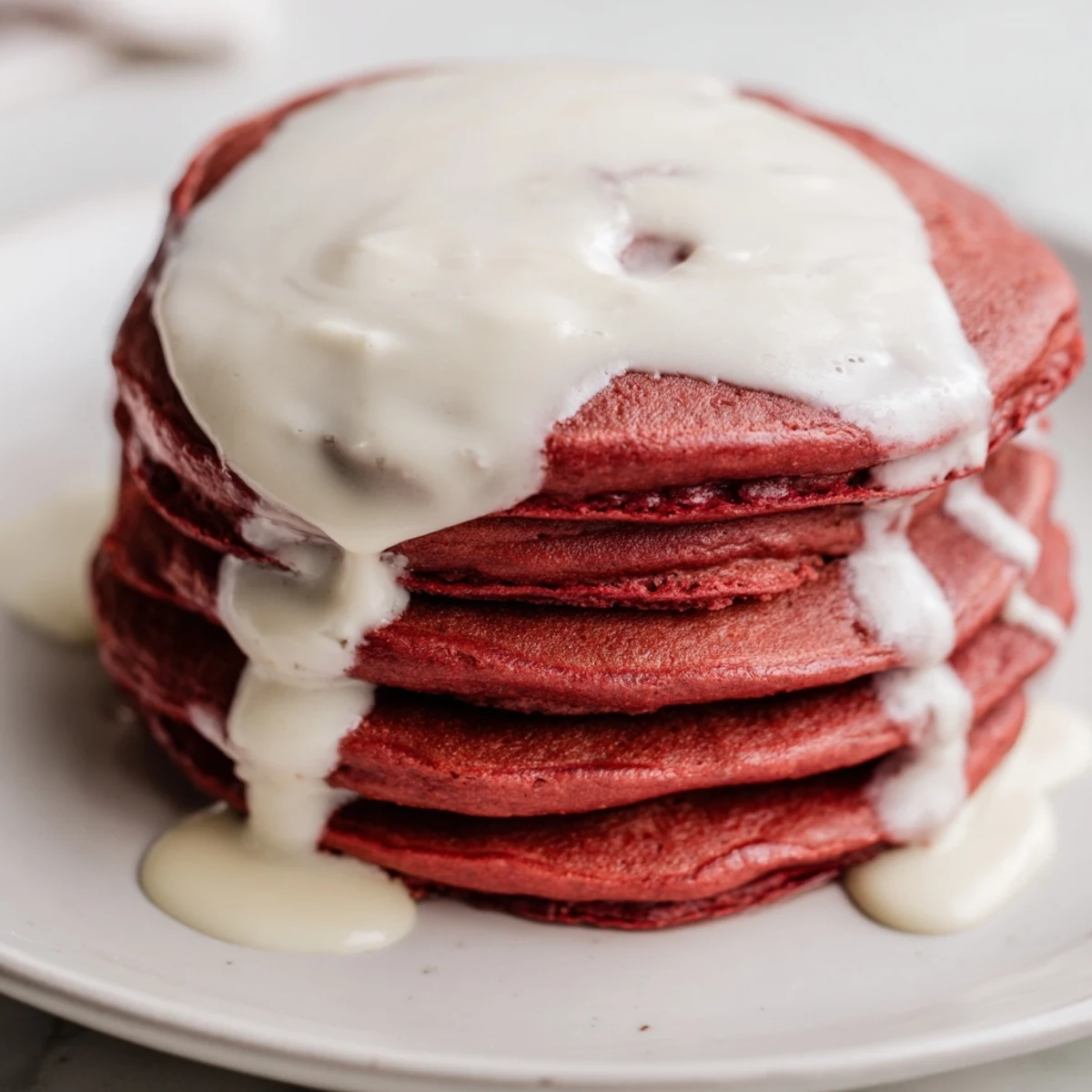 Warm Red Velvet Pancakes with Cream Cheese Drizzle topped with fresh berries, melting butter, and a dusting of powdered sugar.