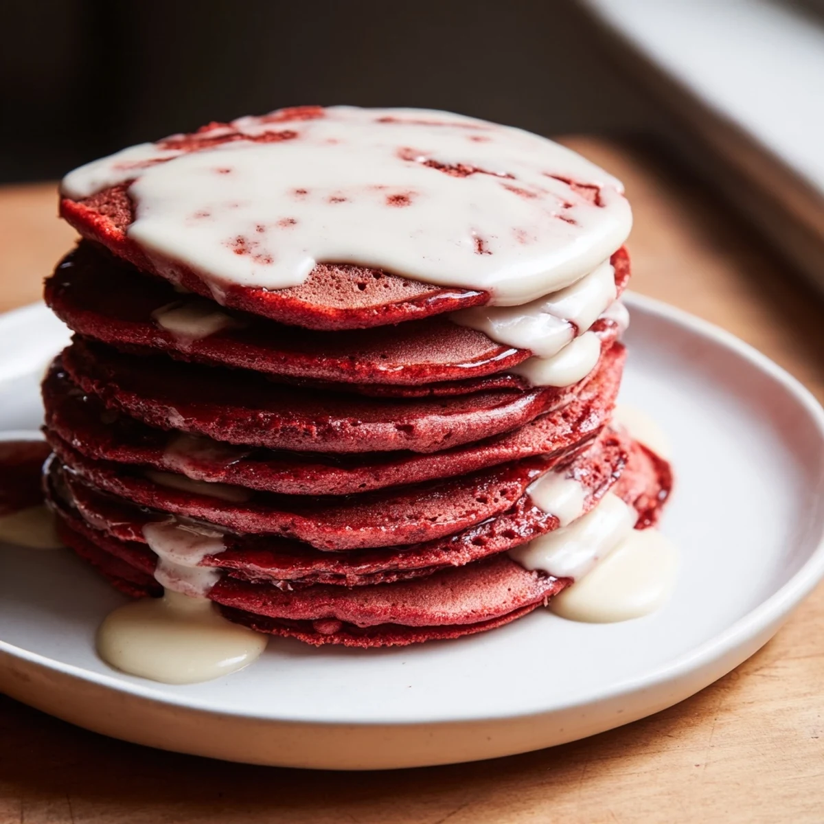 Fluffy Red Velvet Pancakes with Cream Cheese Drizzle stacked high on a white plate, drizzled thickly for a sweet brunch.