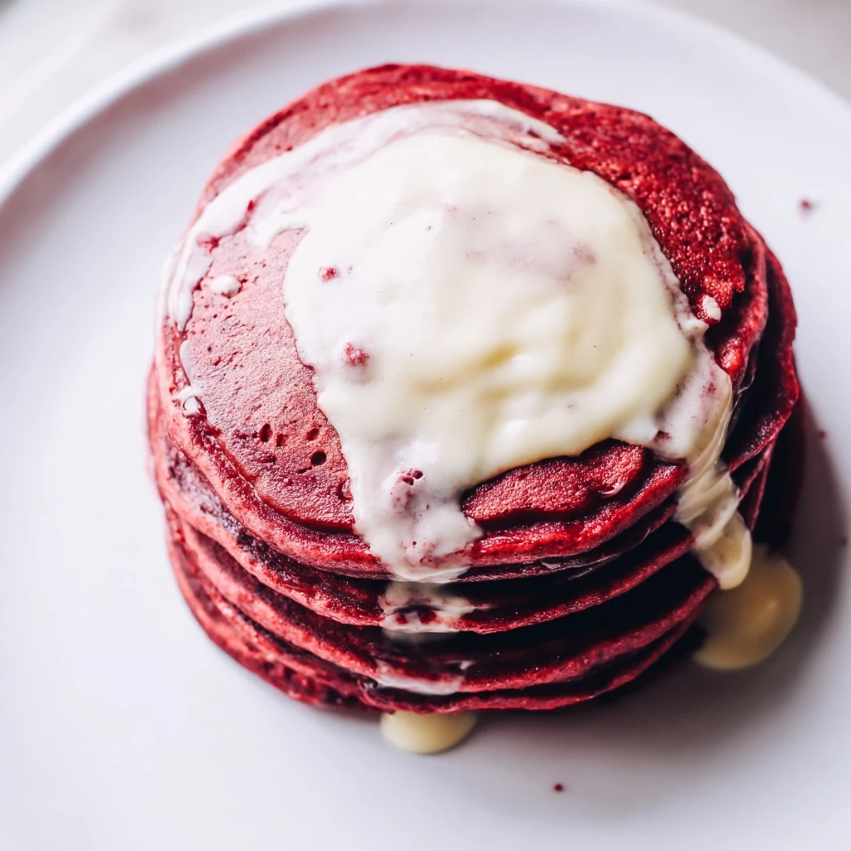 Golden-brown Red Velvet Pancakes with Cream Cheese Drizzle served alongside a steaming cup of coffee on a rustic wooden table.