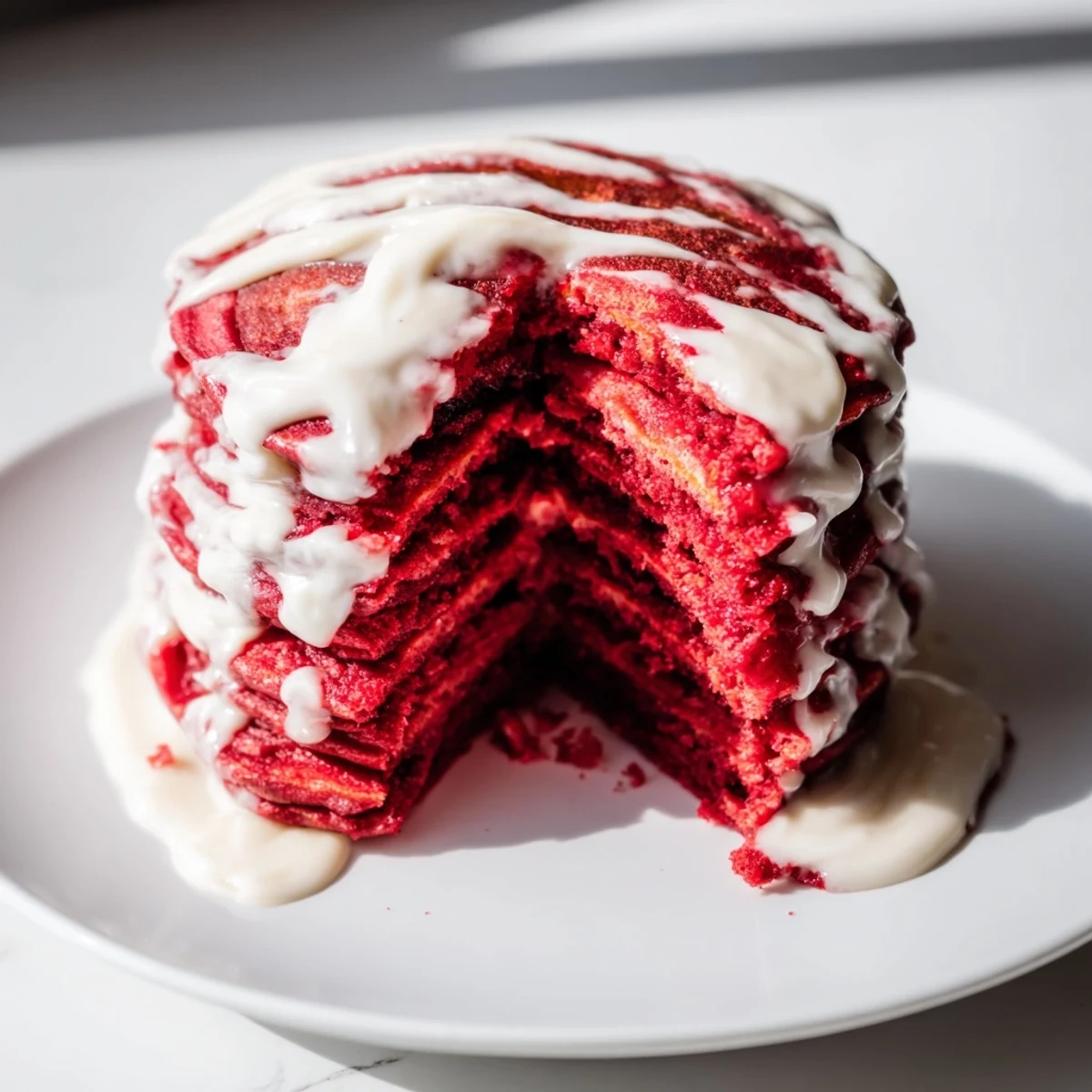 Fluffy Red Velvet Pancakes with Cream Cheese Drizzle stacked high on a white plate, drizzled generously for a sweet breakfast.