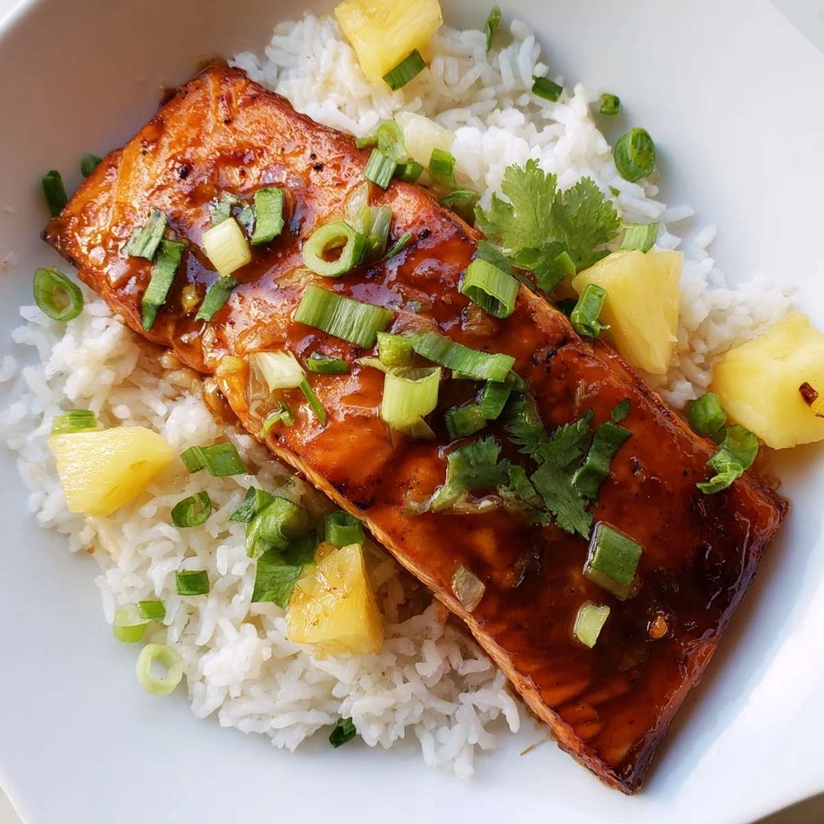 Crispy seared Pineapple Glazed Salmon Fillets with Rice glistening with sweet glaze