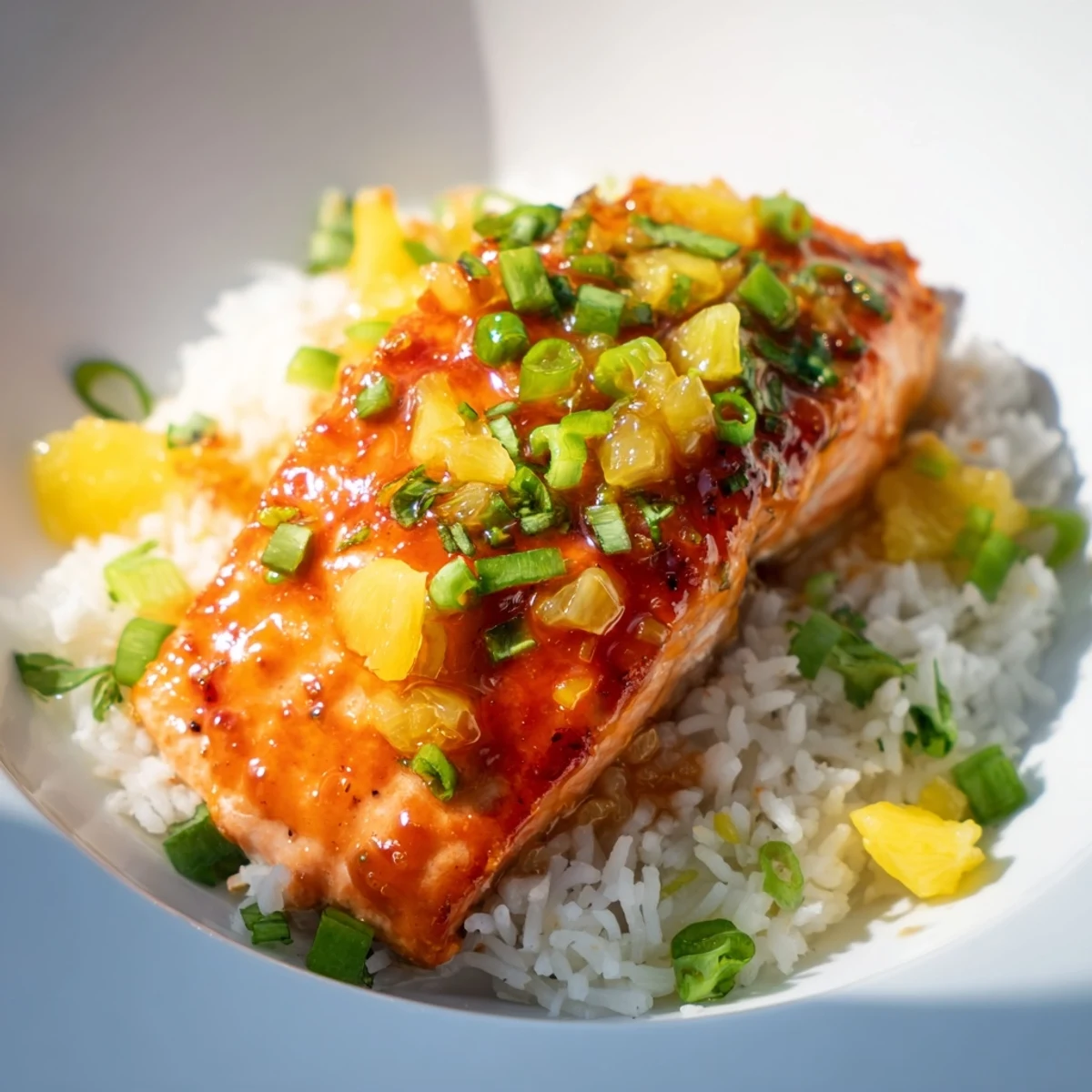 Fluffy steamed rice topped with succulent Pineapple Glazed Salmon Fillets with garnish