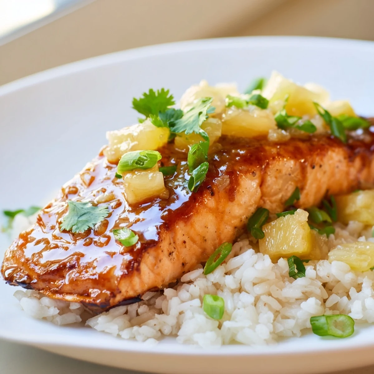Sizzling Pineapple Glazed Salmon Fillets with Rice served on a white plate