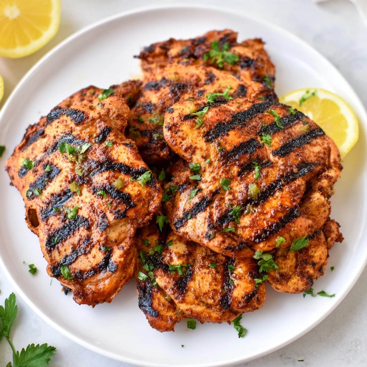 Cajun Spiced Grilled Chicken Thighs sizzling on the grill with smoky grill marks and a rustic serving platter.