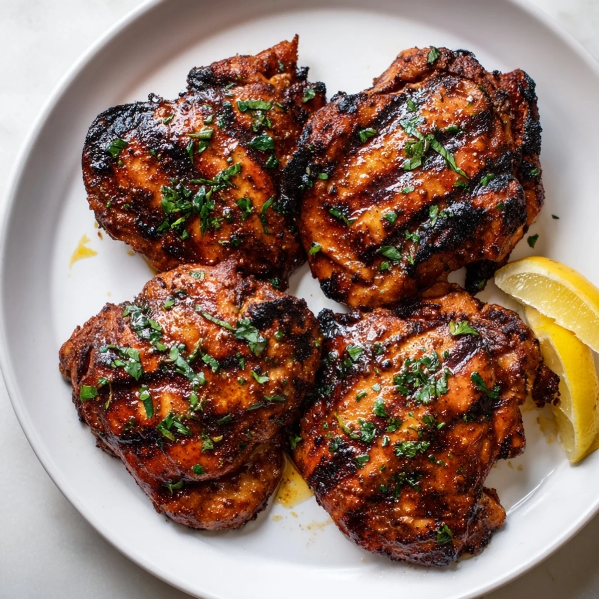 The Cajun Spiced Grilled Chicken Thighs are beautifully charred and garnished with fresh parsley and lemon wedges.