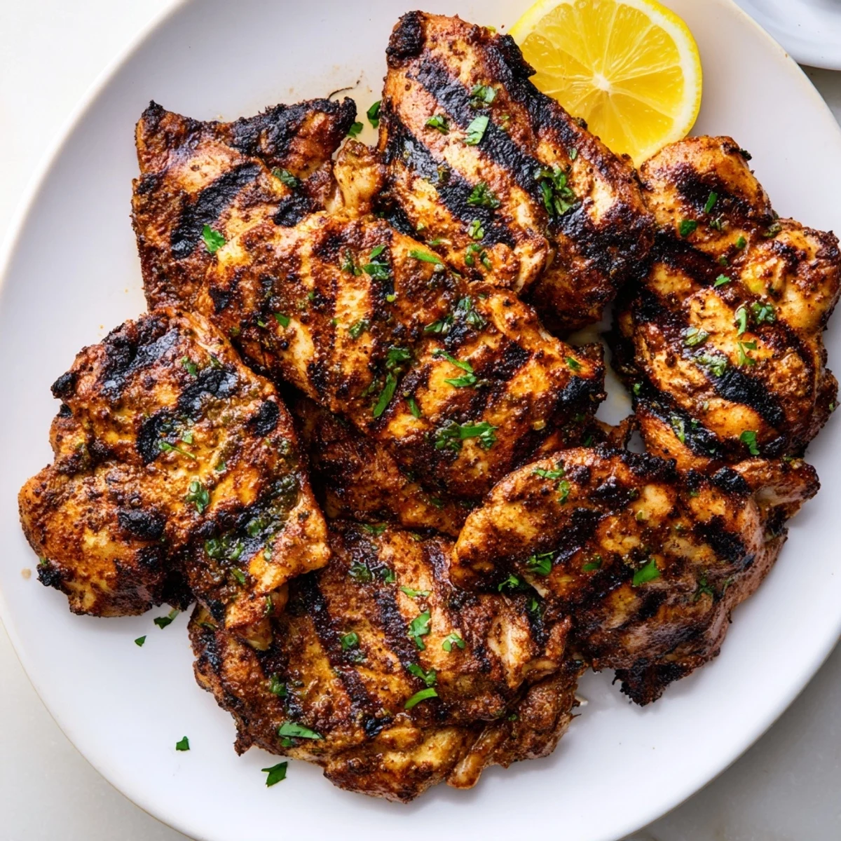 A close up shot of Cajun Spiced Grilled Chicken Thighs topped with chopped parsley and fresh lemon slices.