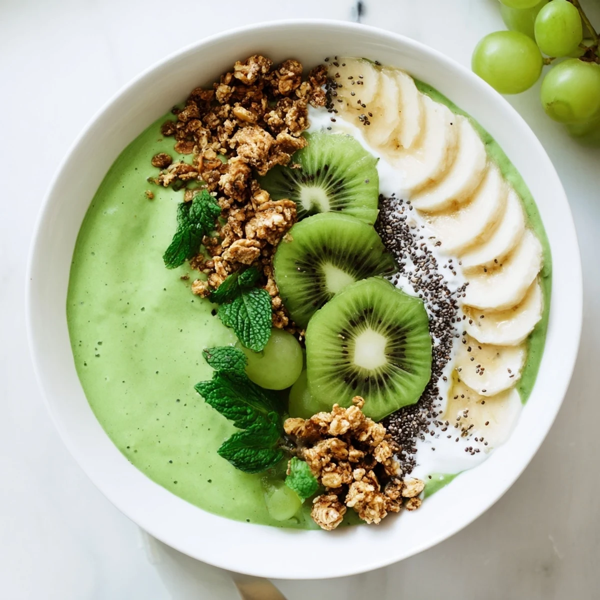 Green Shamrock Green Smoothie Bowl with Toppings topped with kiwi slices, seeds, and crunchy granola for a healthy breakfast.