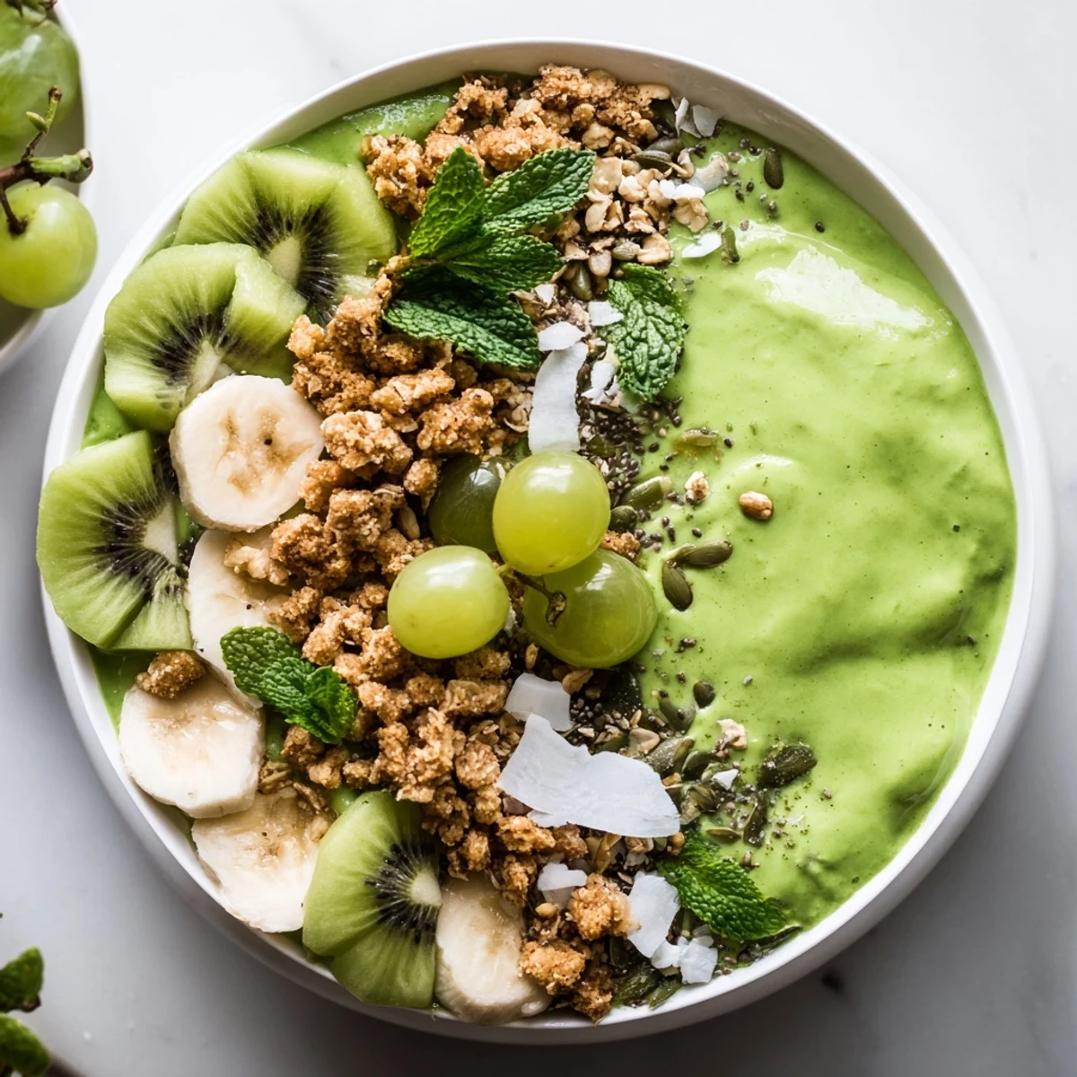 A vibrant Shamrock Green Smoothie Bowl with Toppings showing creamy spinach blend and fresh fruit garnish on a white kitchen table.