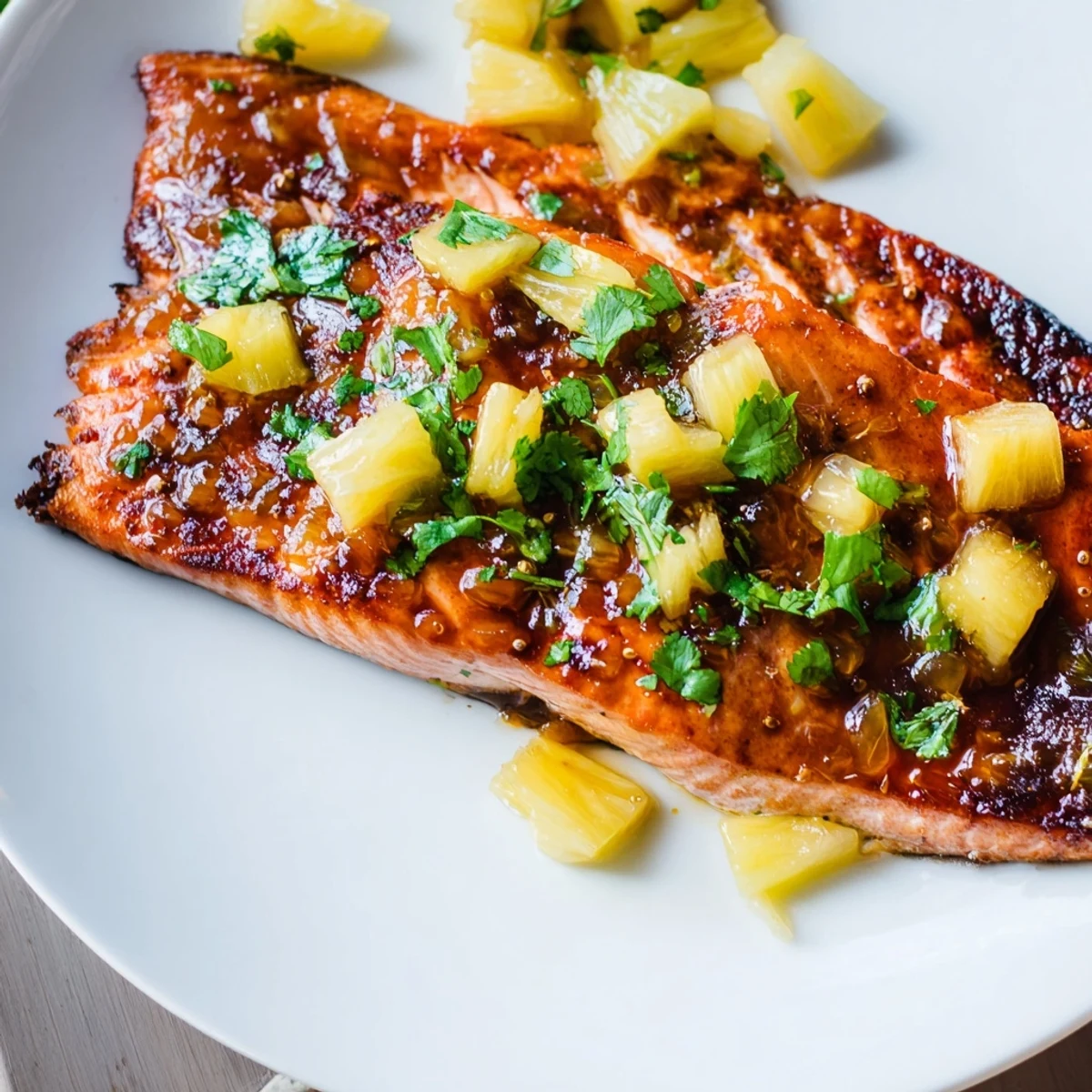 Golden-brown Pineapple Glazed Salmon Fillets with a sticky, tropical glaze and fresh cilantro garnish on a white plate.