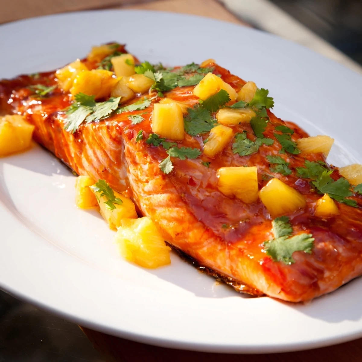 Juicy Pineapple Glazed Salmon Fillets roasted to perfection, flaking easily with a fork beside steamed jasmine rice.