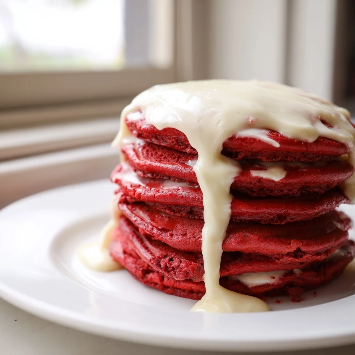 Freshly cooked Red Velvet Pancakes with Cream Cheese Glaze drizzled generously, fluffy texture visible, perfect for a festive American breakfast.