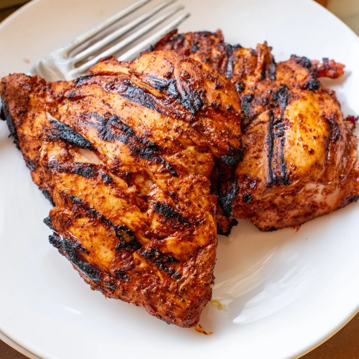 Golden-brown Cajun Spiced Grilled Chicken Thighs resting on a plate with grill marks and a sprinkle of fresh herbs.