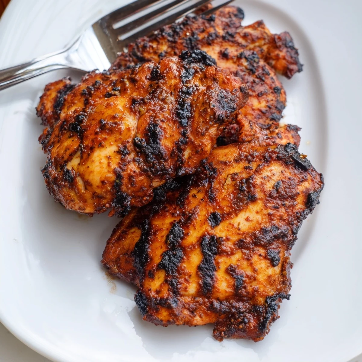 Close-up of Cajun Spiced Grilled Chicken Thighs showcasing juicy, tender meat with a smoky, charred exterior.