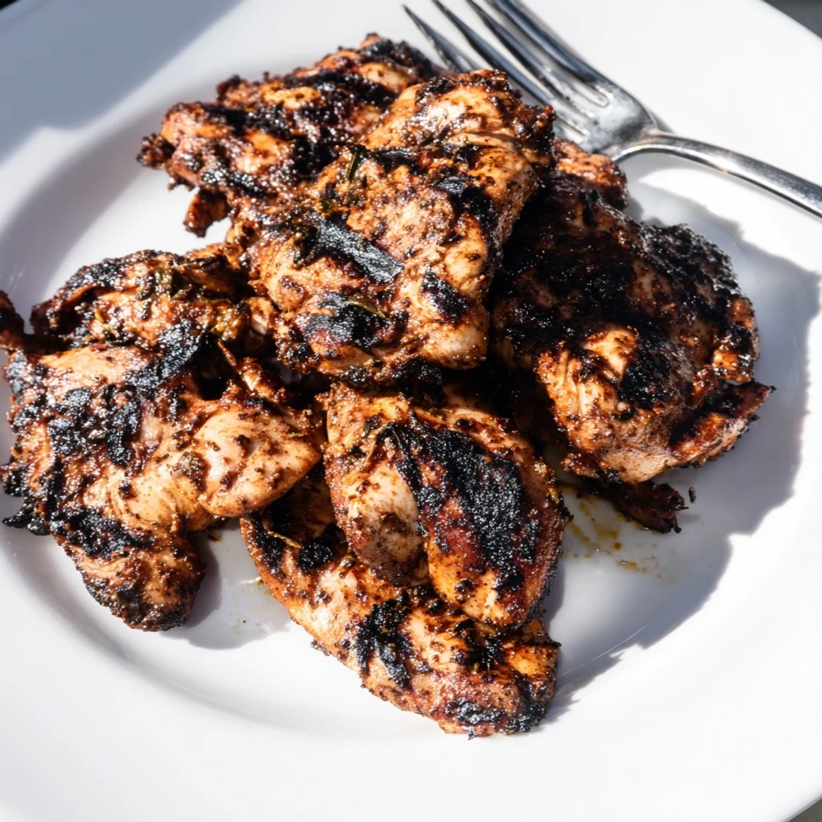 Sizzling Cajun Spiced Grilled Chicken Thighs served alongside grilled corn and a wedge of lemon on a rustic table.