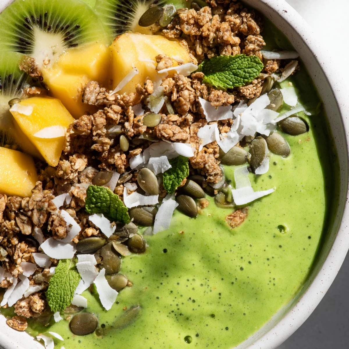 A vibrant Shamrock Green Smoothie Bowl topped with crunchy granola, sliced kiwi, and seeds for a creamy, healthy breakfast.