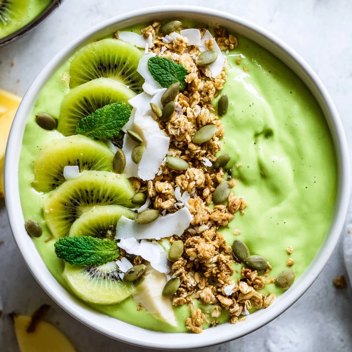 Enjoy a nourishing Shamrock Green Smoothie Bowl with thick smoothie base, shredded coconut, pumpkin seeds, and mint.