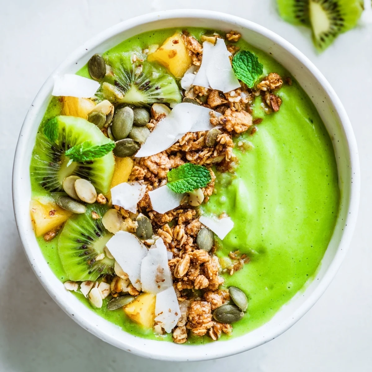 This Shamrock Green Smoothie Bowl features bright green spinach blend, creamy yogurt, and fresh tropical fruit garnish.