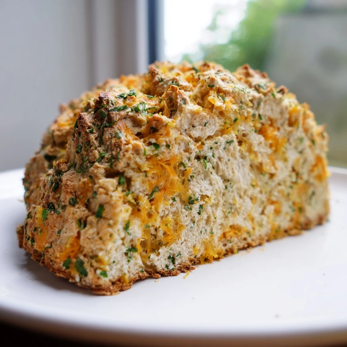 Warm Savory Herbed Cheddar Irish Soda Bread is sliced to reveal a tender crumb, perfect with salted butter.