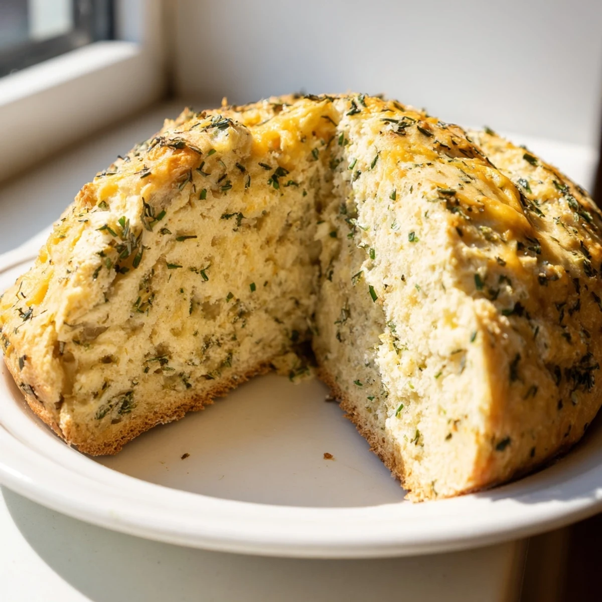 Fresh herbs and sharp cheddar flecks cover the rustic loaf of Savory Herbed Cheddar Irish Soda Bread on parchment.