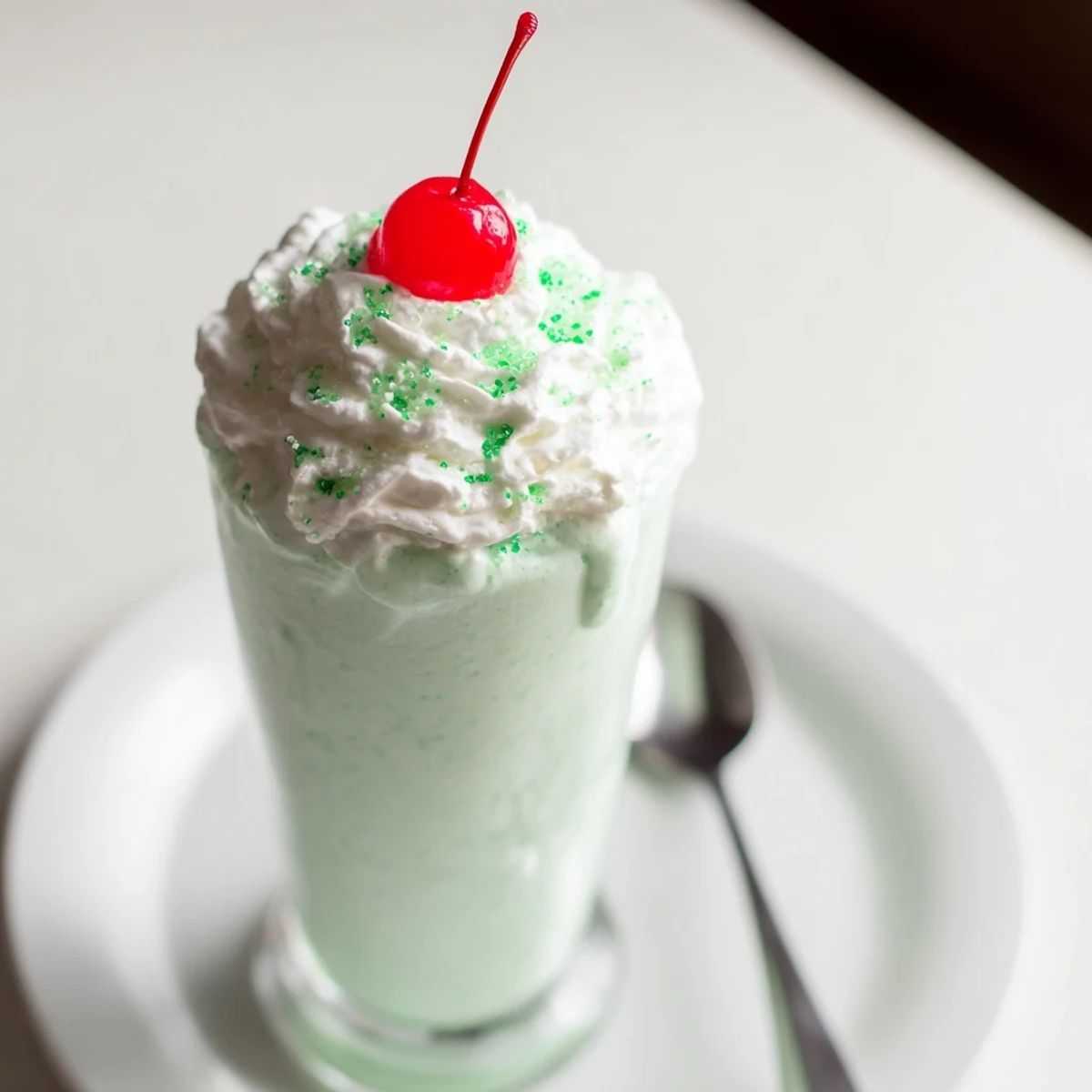 Frosted green homemade copycat Shamrock Shake garnished with whipped cream and a bright maraschino cherry on top.