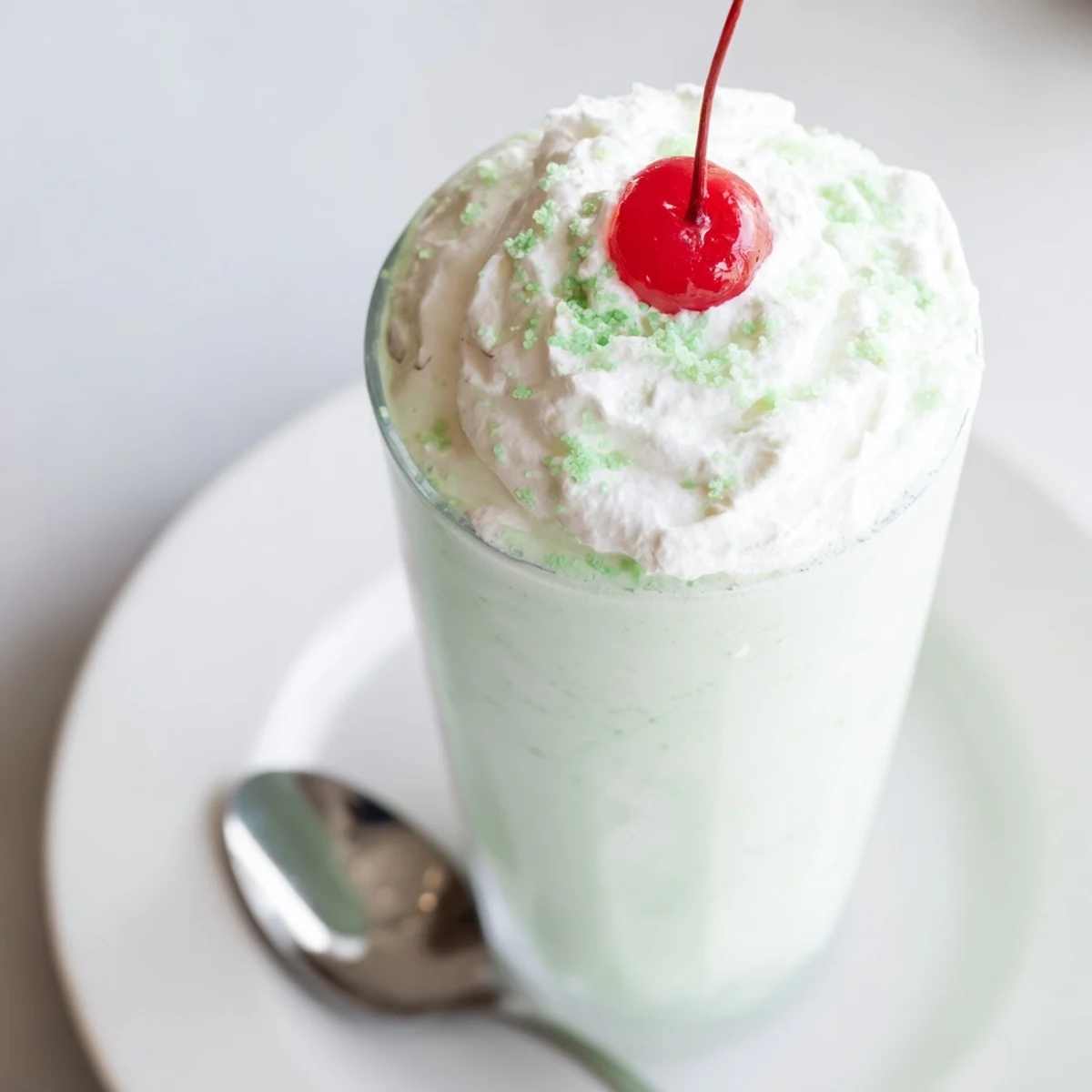 Refreshing homemade copycat Shamrock Shake blending vanilla ice cream and peppermint extract beside mint leaves and sprinkles.