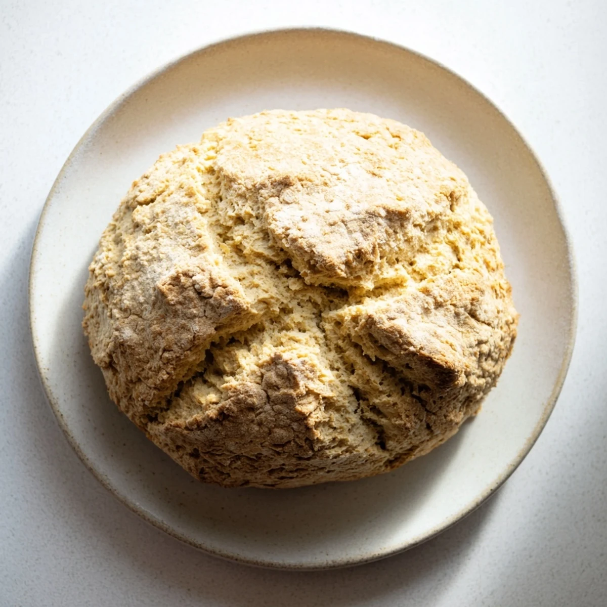 A freshly baked Authentic 4-Ingredient Irish Soda Bread with a deep cross cut into the top, resting on a floured baking sheet, ready to slice.