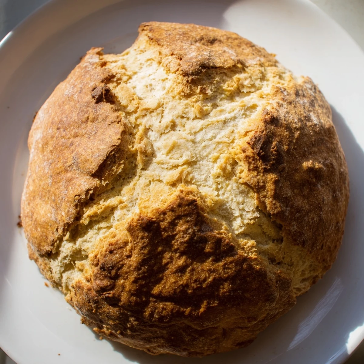 An overhead view of the Authentic 4-Ingredient Irish Soda Bread loaf, with a pat of butter melting on a warm piece beside a cup of tea.