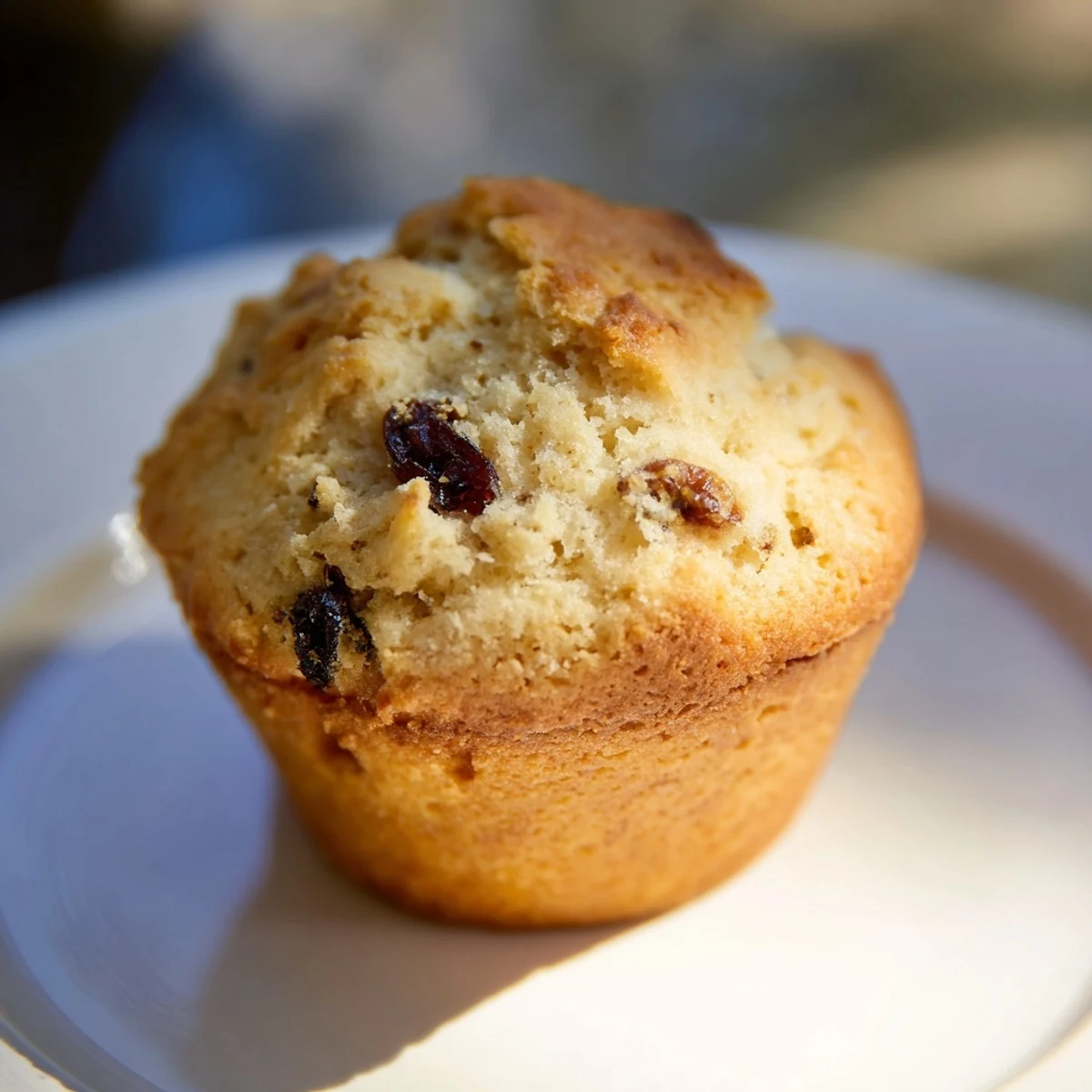 A close-up of Mini Irish Soda Bread Muffins studded with currants and glistening with butter.