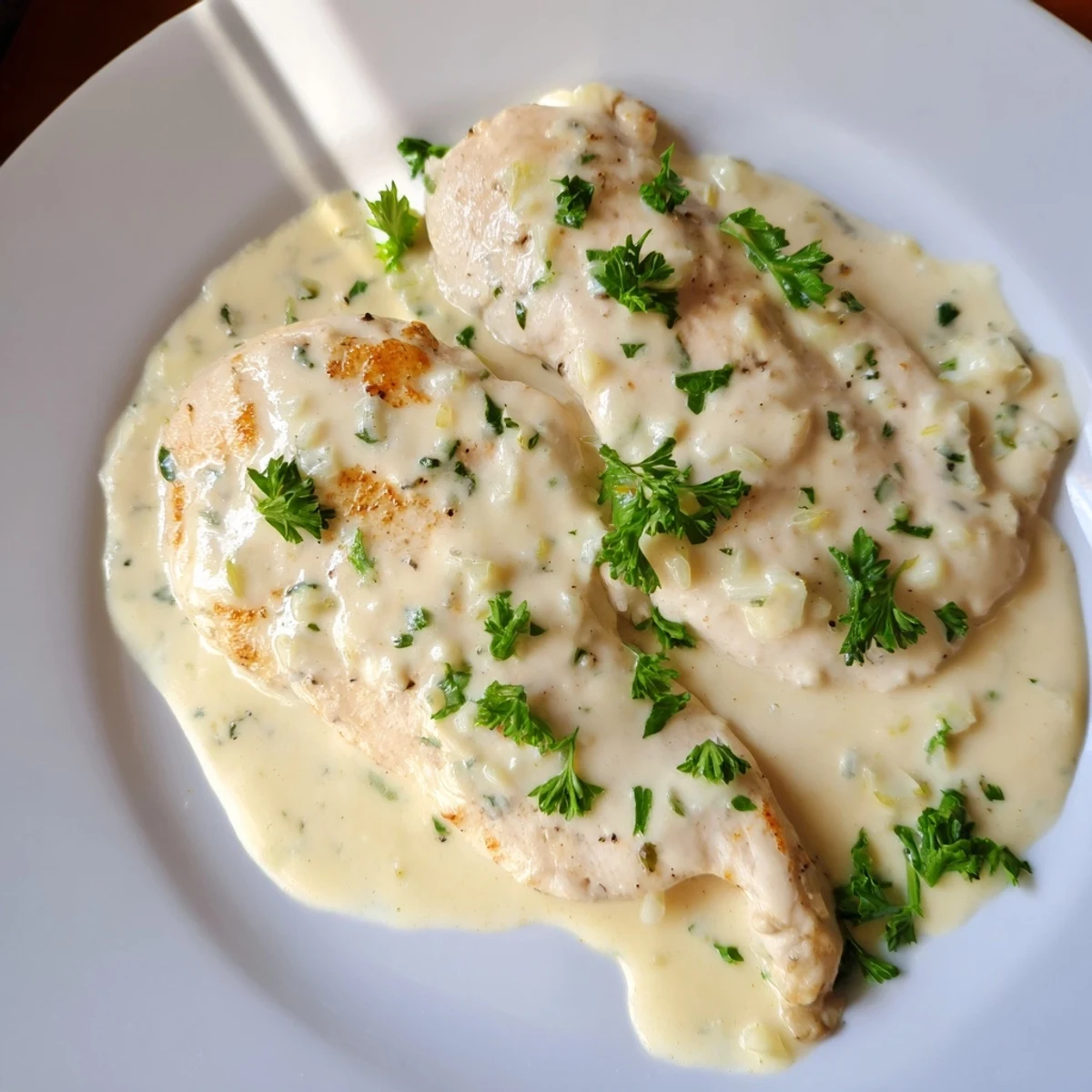 Creamy Boursin Chicken on a white plate with a rich garlic cheese sauce and steamed green beans.