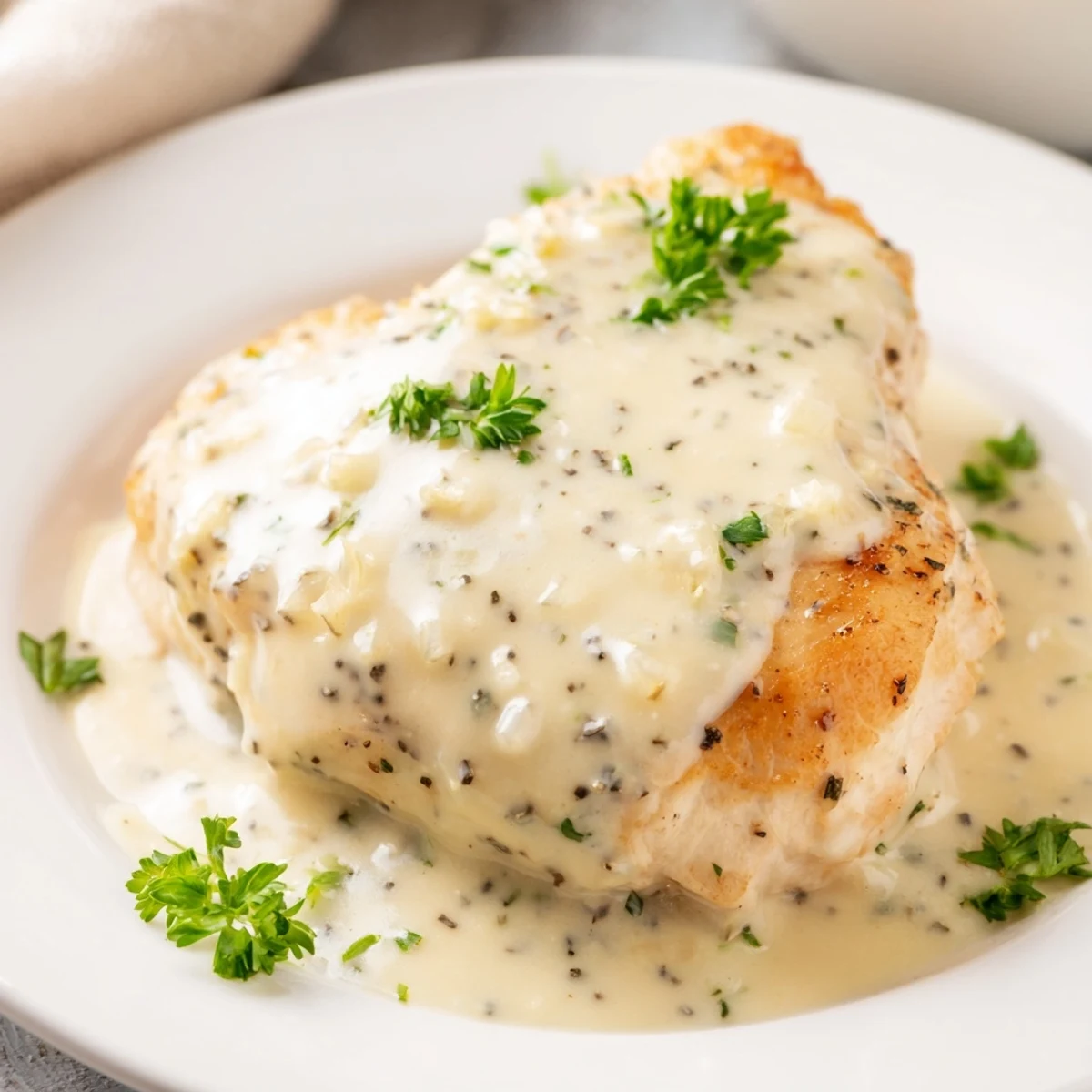 A close-up of Creamy Boursin Chicken in a skillet, highlighting the luscious, creamy herb sauce.