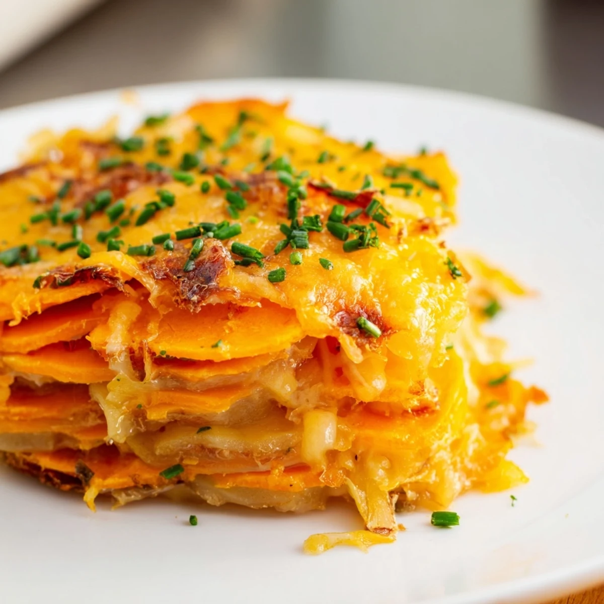 Layers of thinly sliced sweet potatoes and savory onions in Cheesy Sweet Potato Gratin, topped with melted cheese and fresh chives.