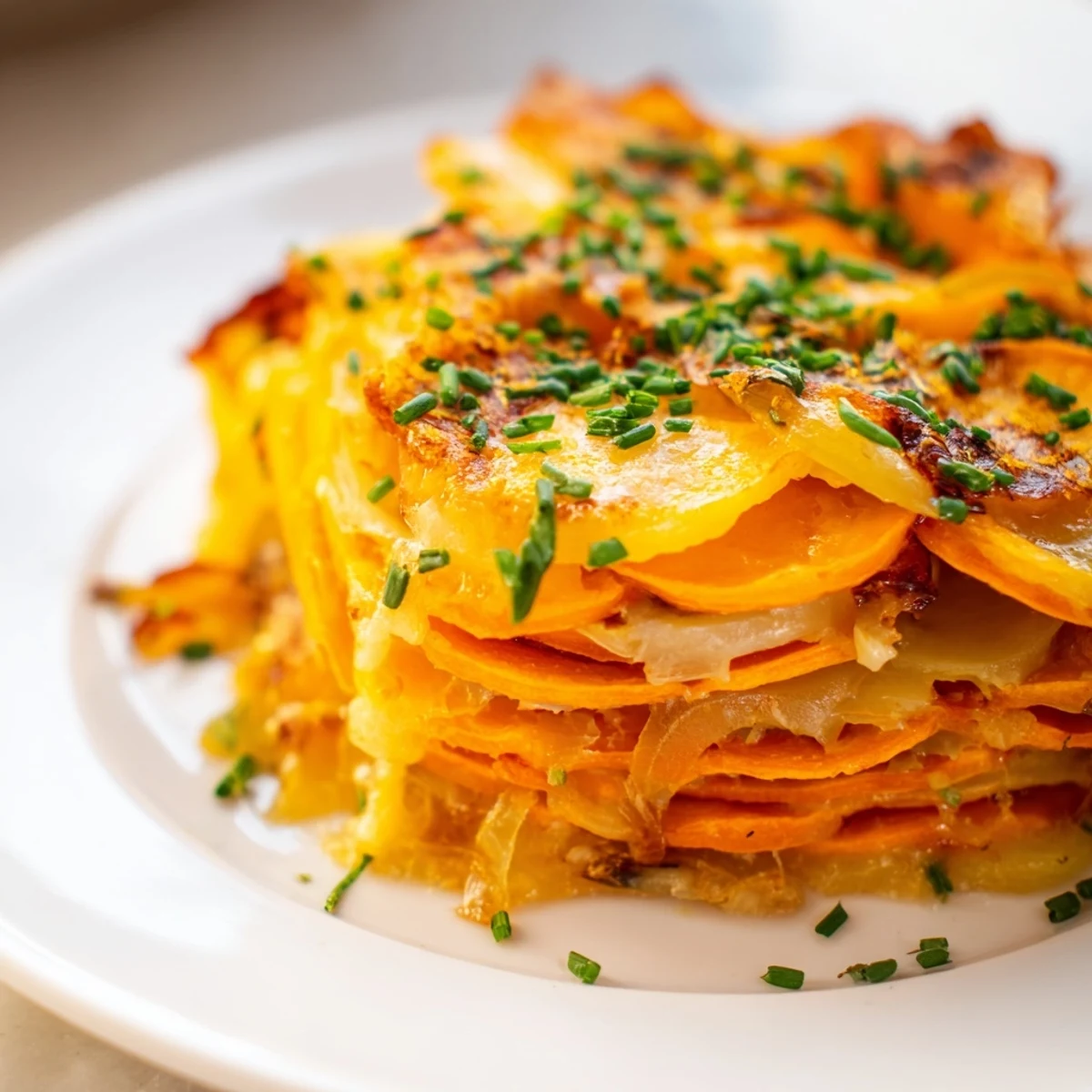 A close-up of Cheesy Sweet Potato Gratin with Caramelized Onions Delight, showing golden crust, creamy interior, and herbs for garnish.